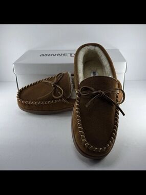 Minnetonka Brown Suede Moccasin Slippers with Shearling Lining